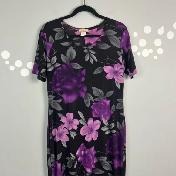 Vintage Susan Lawrence Floral Maxi Dress Size M Stretch Knit Slit Hem - Picture 3 of 8